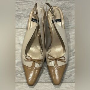 Stuart Weitzman Tan and Cream Heels with Bow Detail